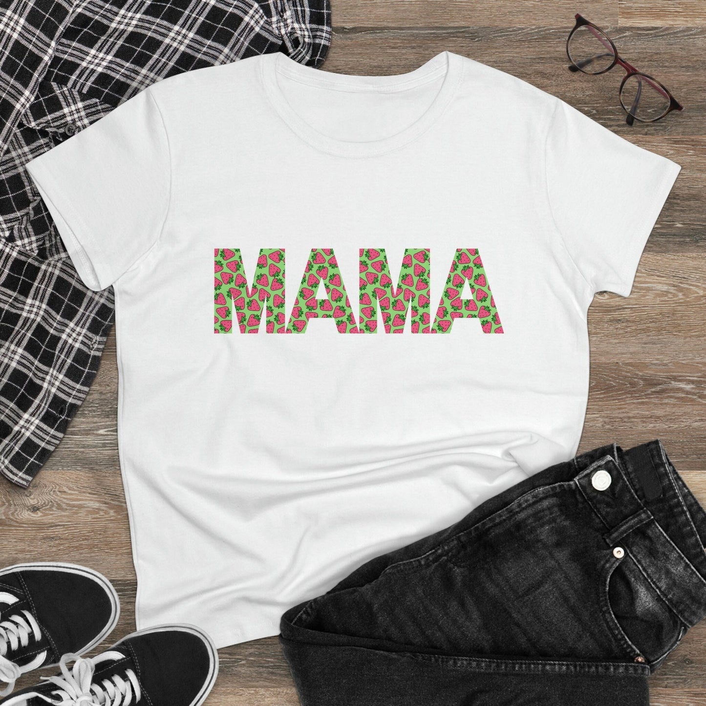 Mama Strawberry Shirt for Women, Strawberries on Crewneck Tee Shirt, Summer Garden Top for Mom, Colorful Clothing for Women