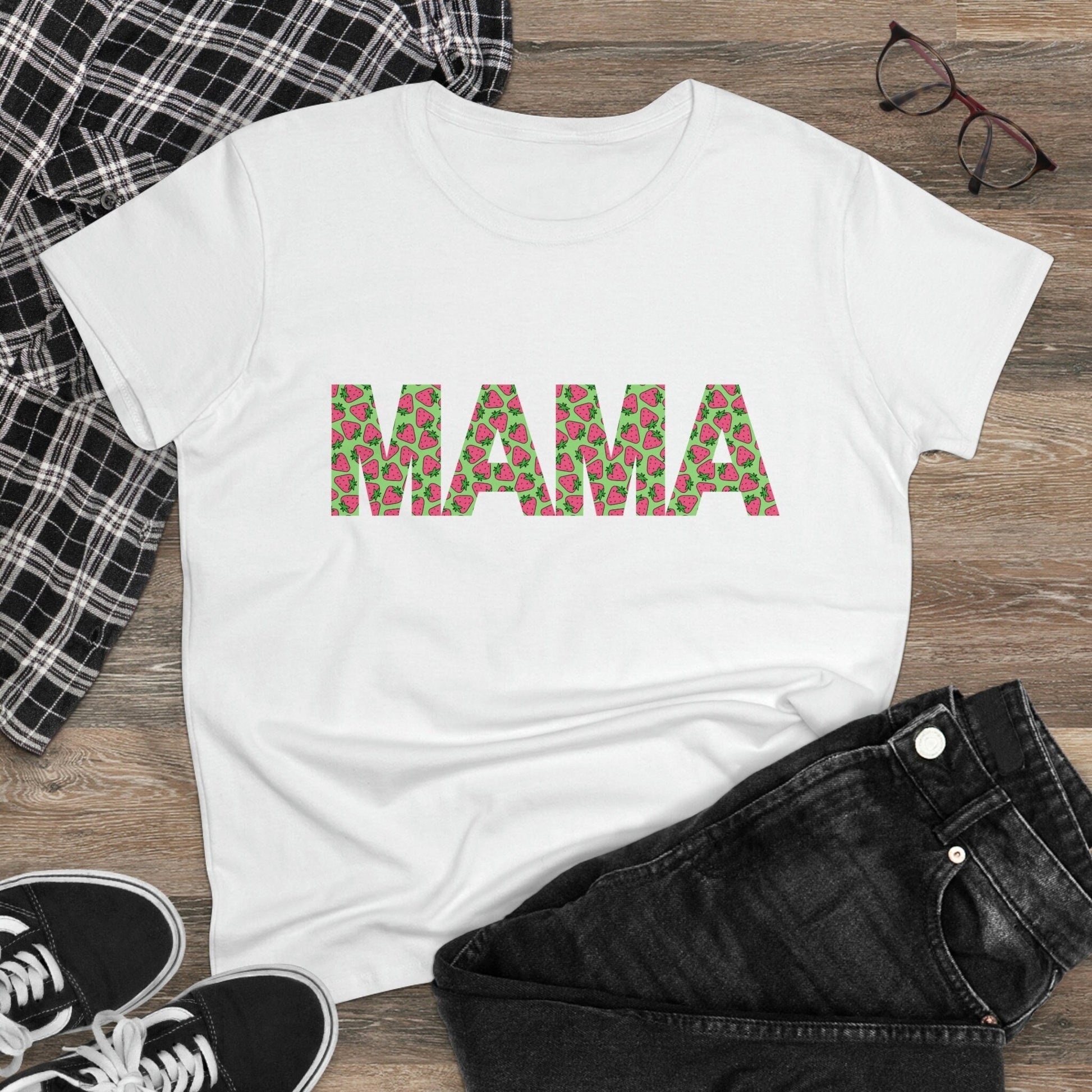 Mama Strawberry Shirt for Women, Strawberries on Crewneck Tee Shirt, Summer Garden Top for Mom, Colorful Clothing for Women