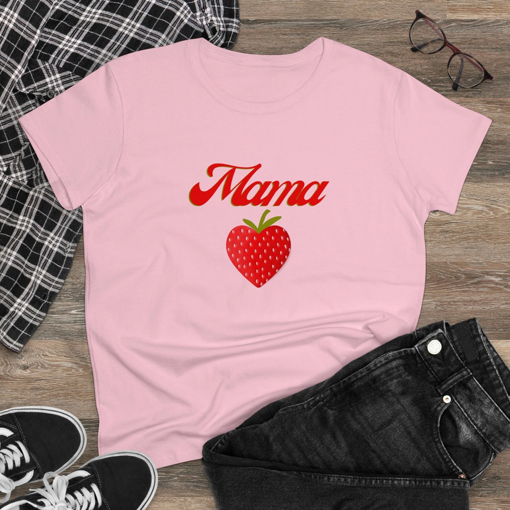 Fun Mama Strawberry Shirt for Women, Strawberries on Crewneck Tee Shirt, Summer Garden Top for Mom, Colorful Clothing for Women