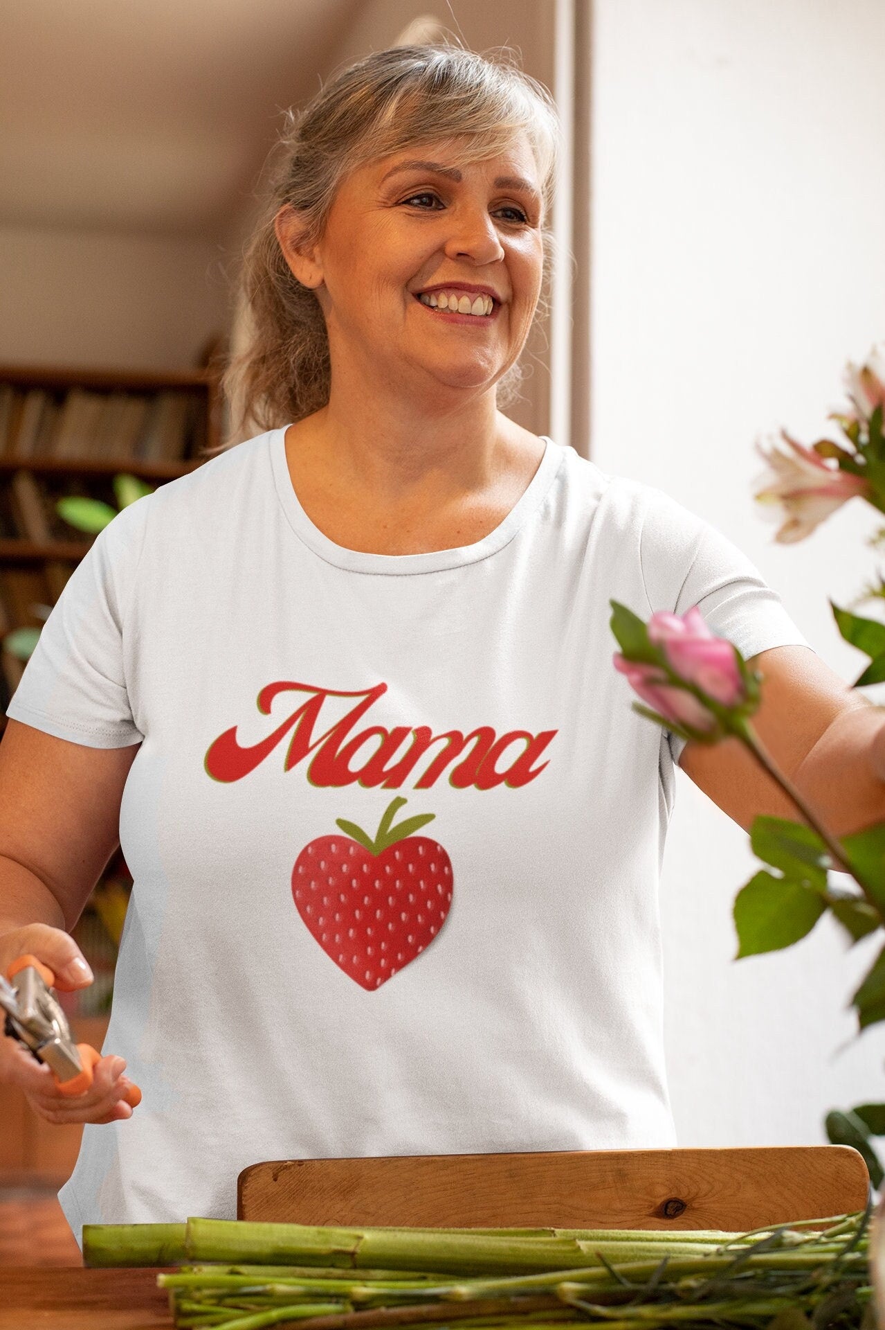 Fun Mama Strawberry Shirt for Women, Strawberries on Crewneck Tee Shirt, Summer Garden Top for Mom, Colorful Clothing for Women