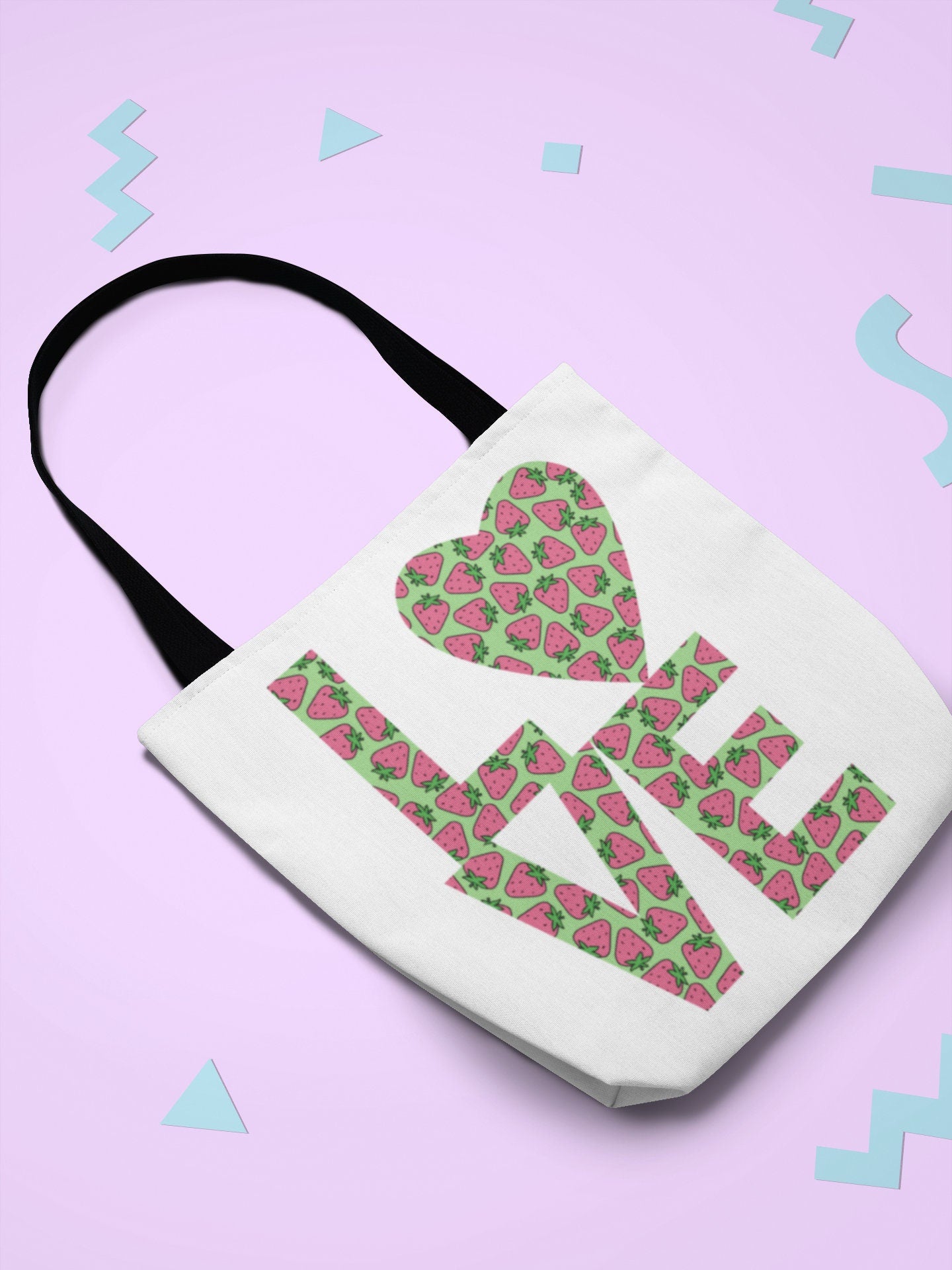 Strawberry Love Tote Bag - Cute and Fashionable Reusable Grocery Shopping and School Bag, Perfect gift for Moms, Dads, Teachers