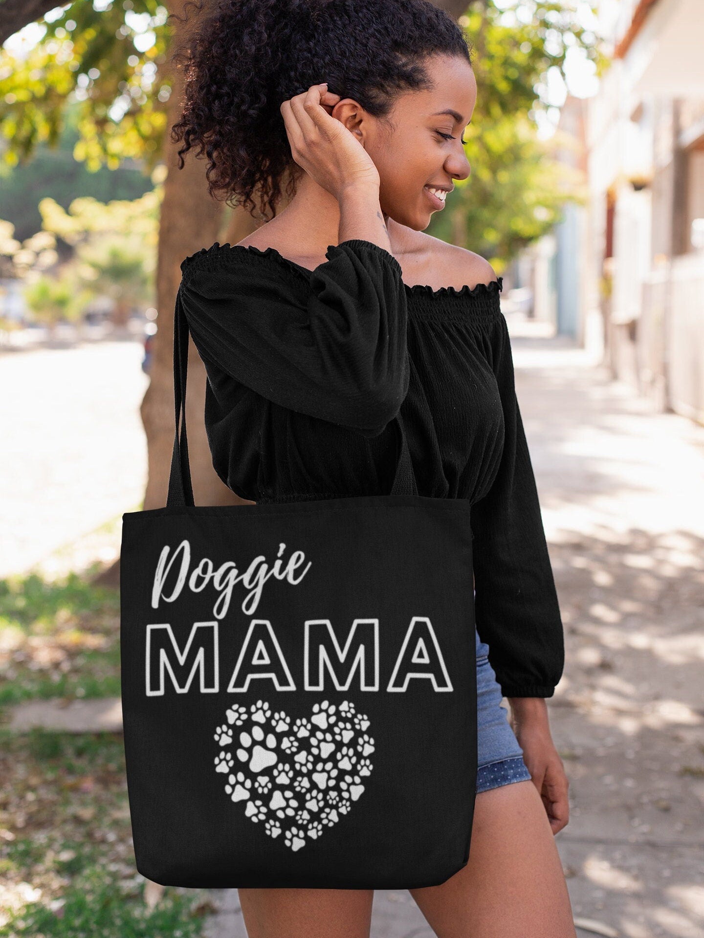Doggie Mama Black Tote Bag - Cute and Fashionable Dog Mom Reusable Grocery Shopping and School Bag, Perfect gift for Moms, Dads, Pet Owners
