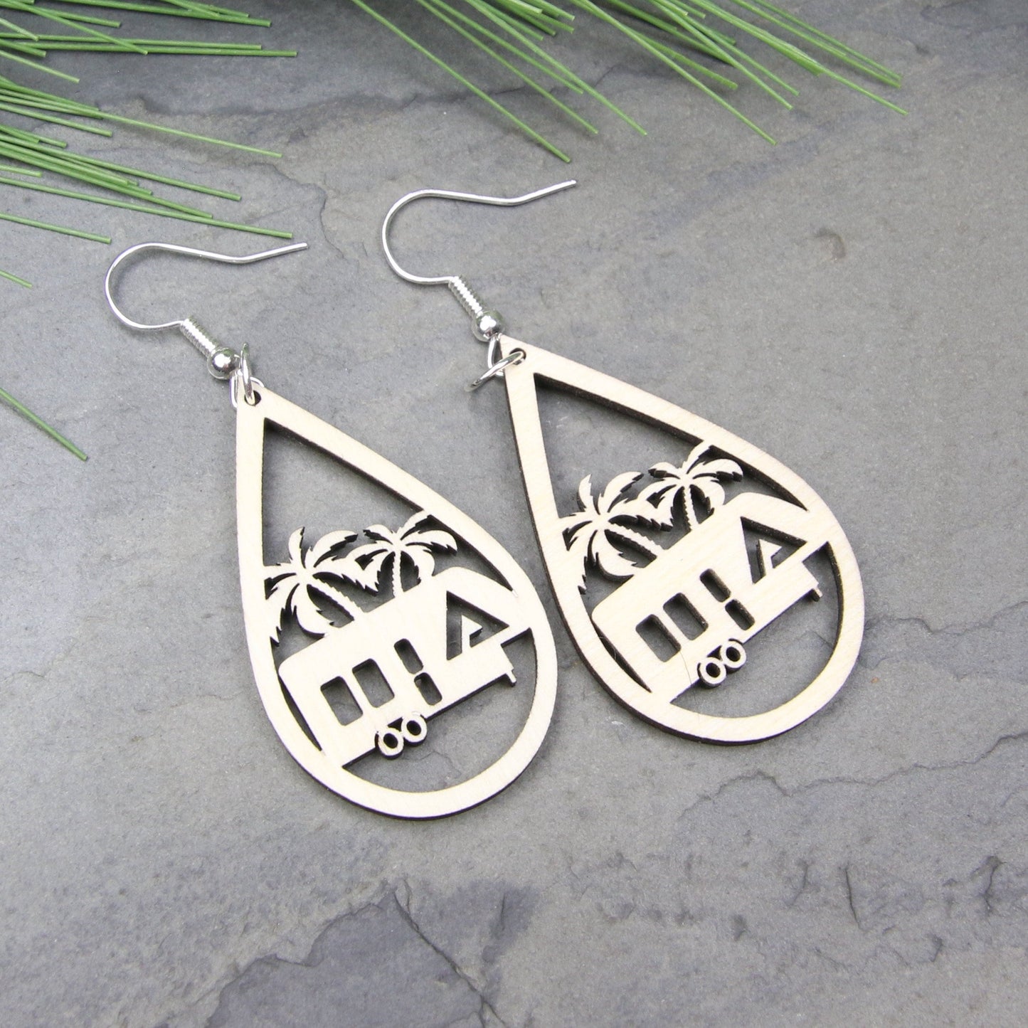 Tropical Camping Fifth Wheel Earrings – Handmade Birchwood RV Jewelry