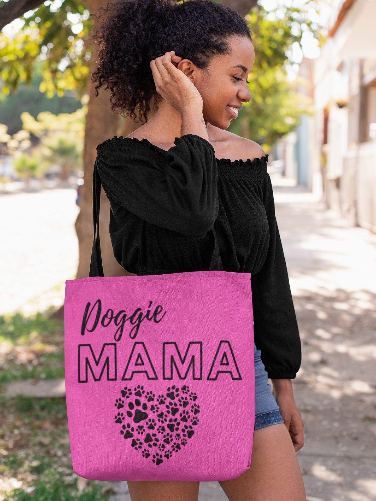 Pink Doggie Mama Tote Bag - Cute and Fashionable Dog Mom Reusable Grocery Shopping and School Bag, Perfect gift for Moms, Dads, Pet Owners
