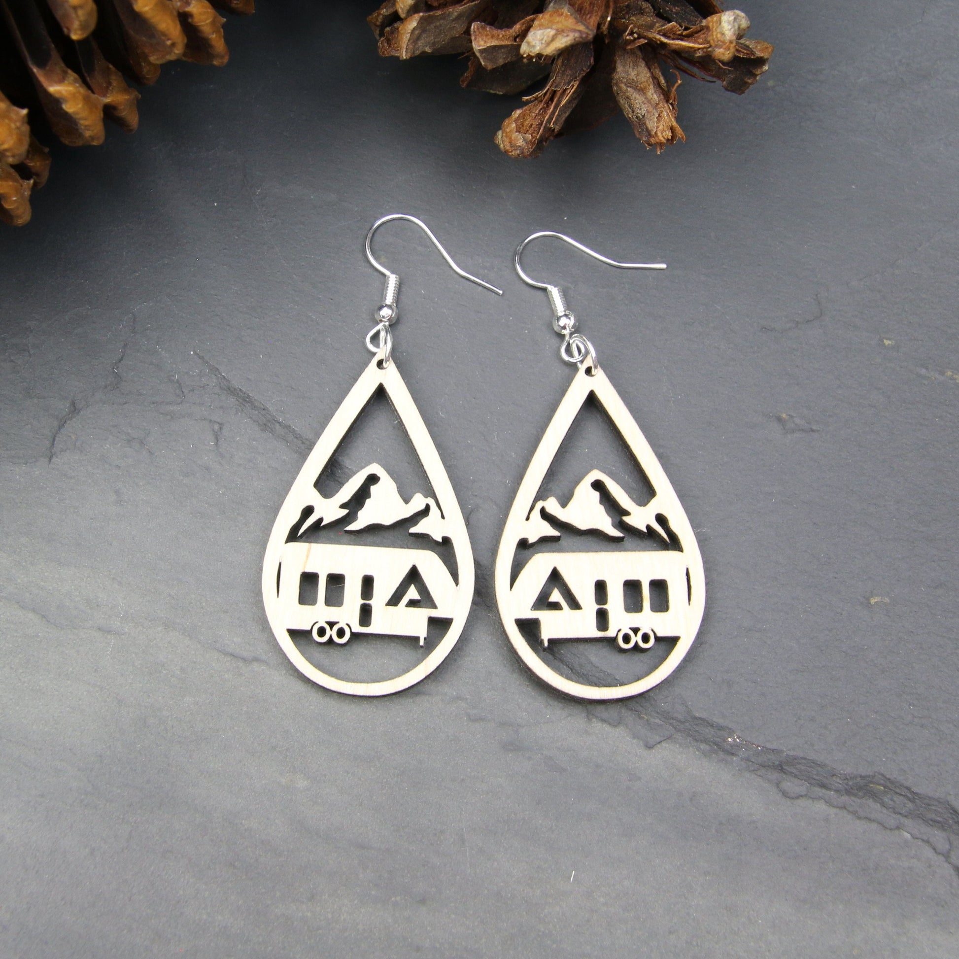 Birchwood Mountain Camping Earrings, Fifth Wheel RV Glamping Gift