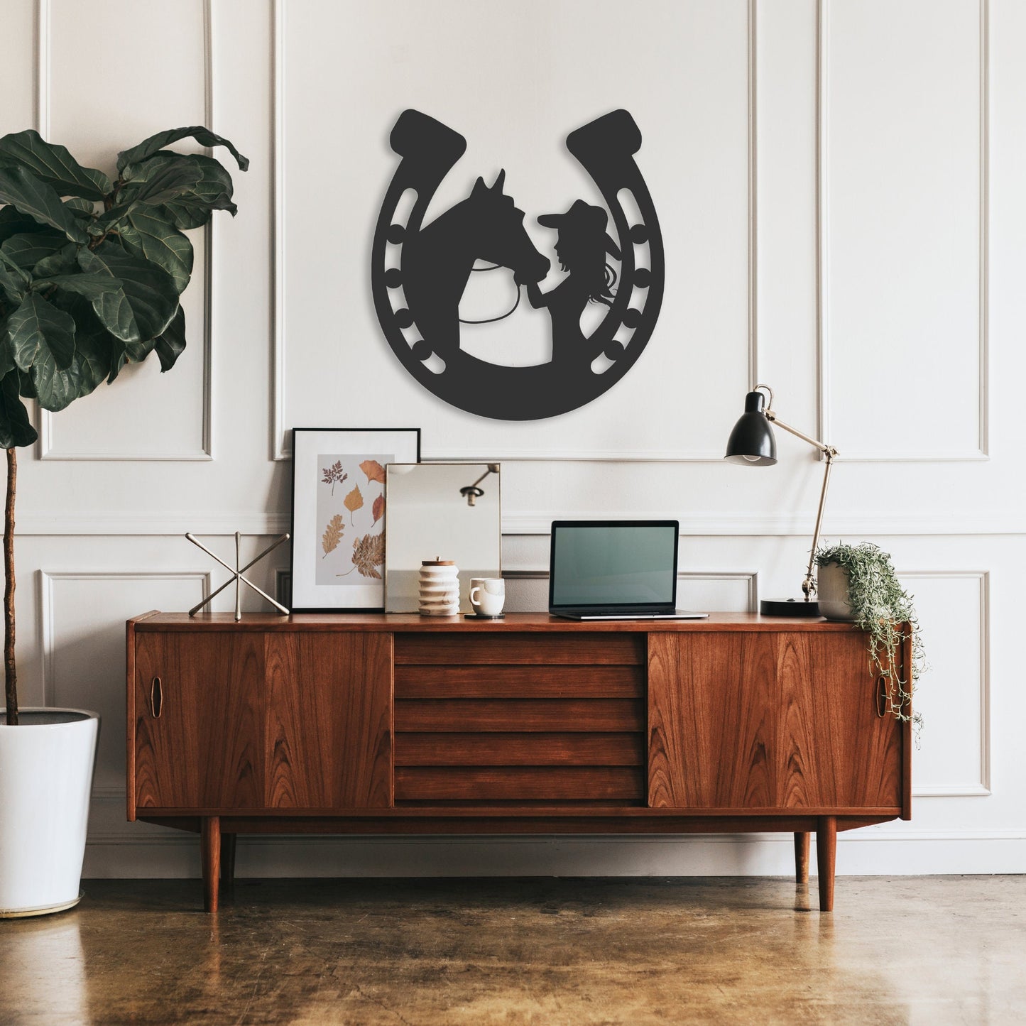 Equestrian Metal Wall Art – Horse & Girl Horseshoe Design