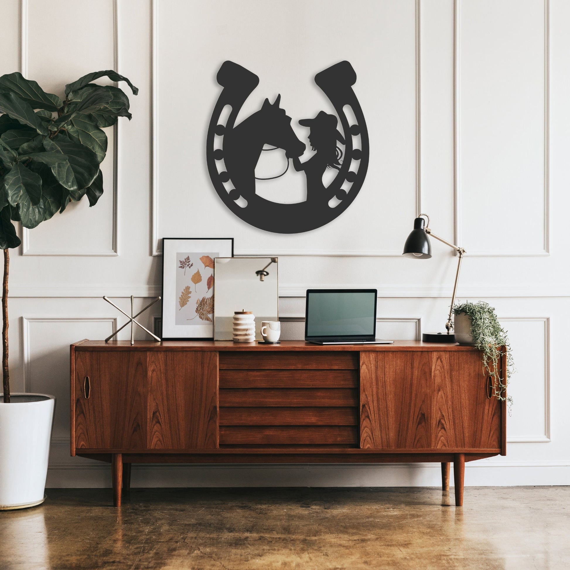Equestrian Metal Wall Art – Horse & Girl Horseshoe Design