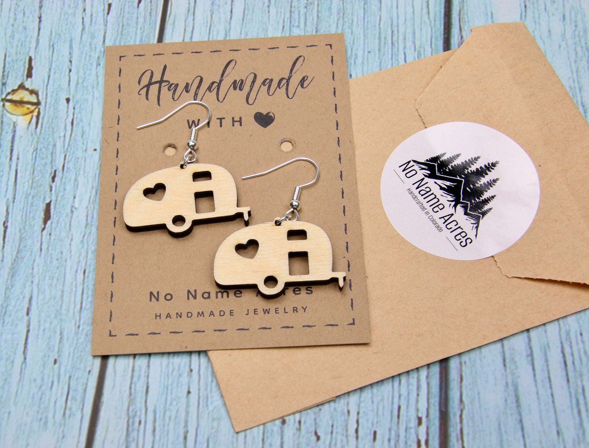 Birchwood Teardrop Camper Earrings - Heart RV Travel, Glamping Gift