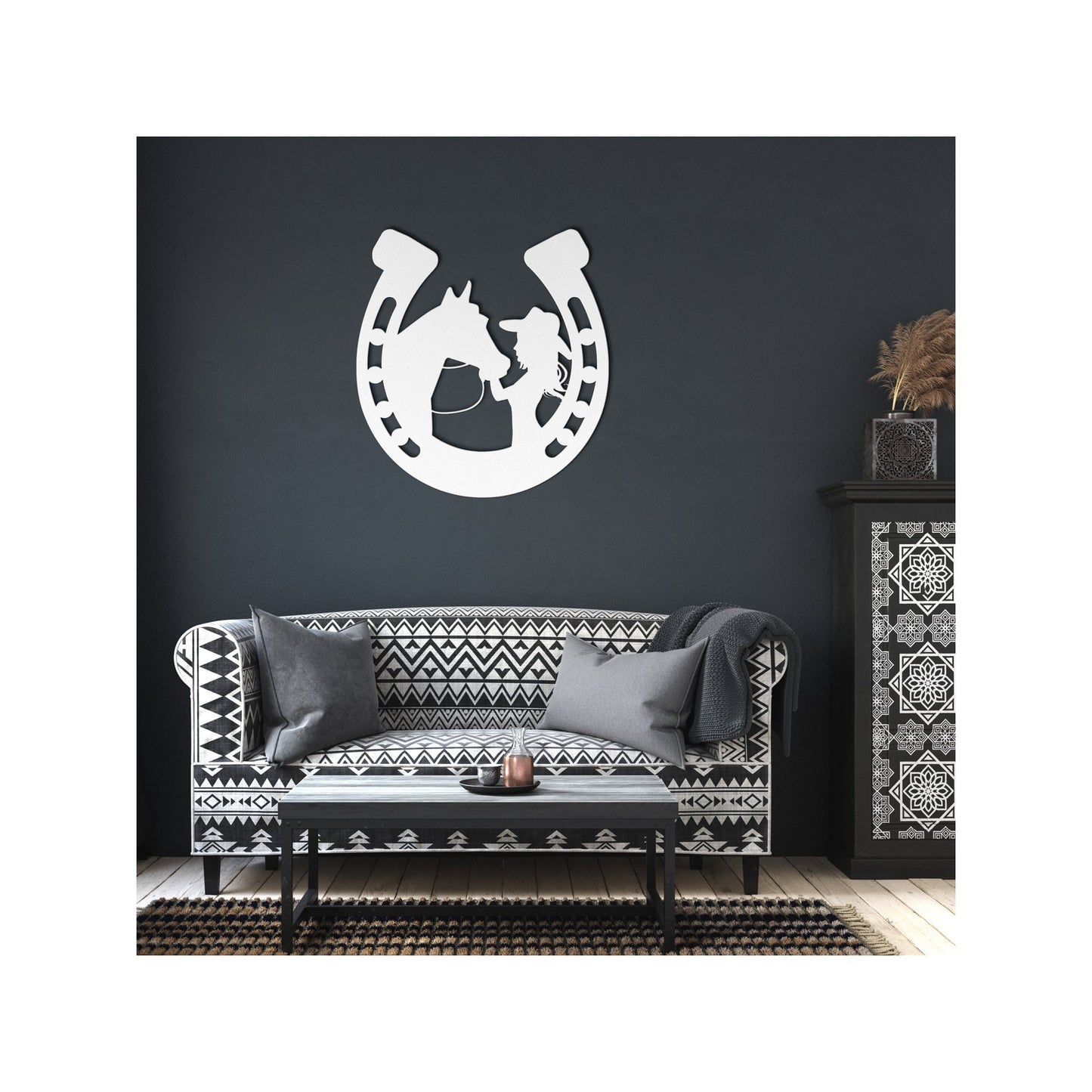 Equestrian Metal Wall Art – Horse & Girl Horseshoe Design