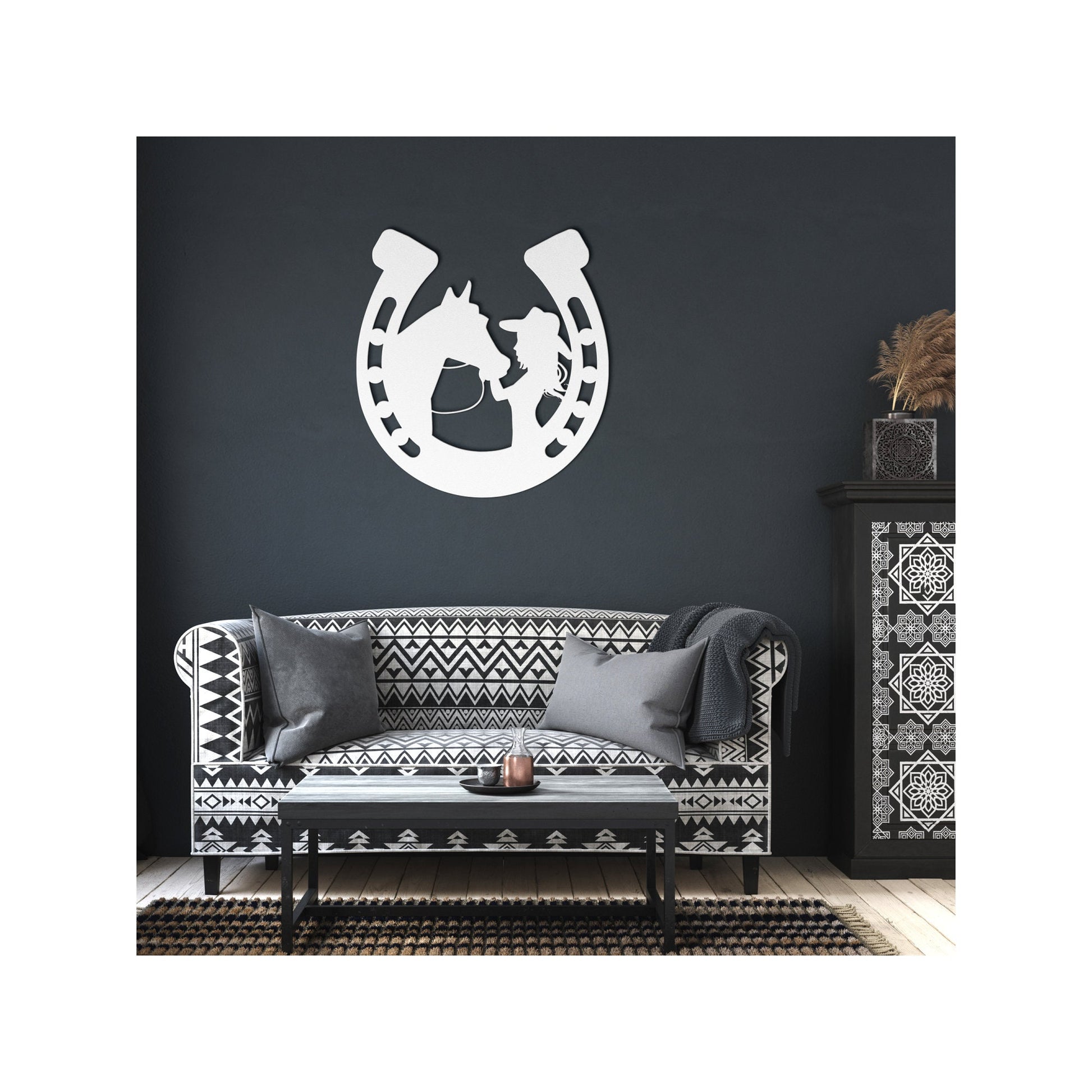 Equestrian Metal Wall Art – Horse & Girl Horseshoe Design