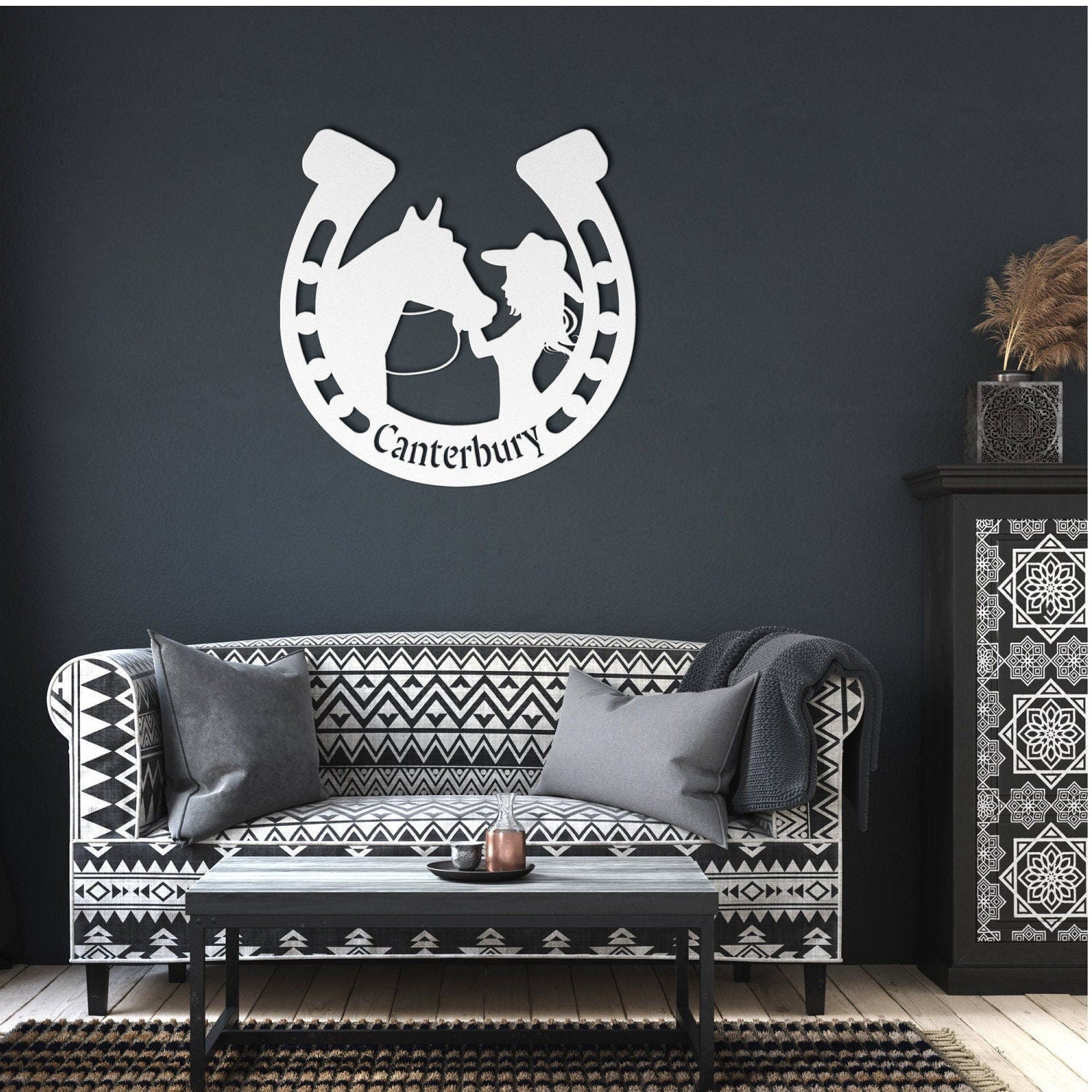 Custom Equestrian Metal Wall Art - Girl and Horse Horseshoe Decor