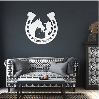 Custom Equestrian Metal Wall Art - Girl and Horse Horseshoe Decor