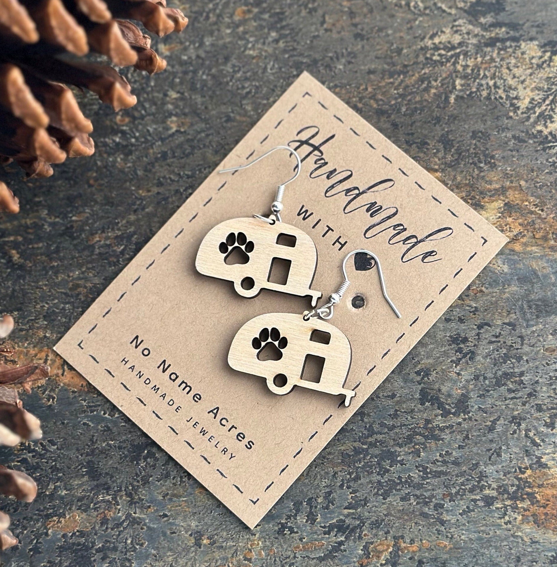 Birchwood Teardrop Trailer Earrings – Paw Print RV Camping Gift