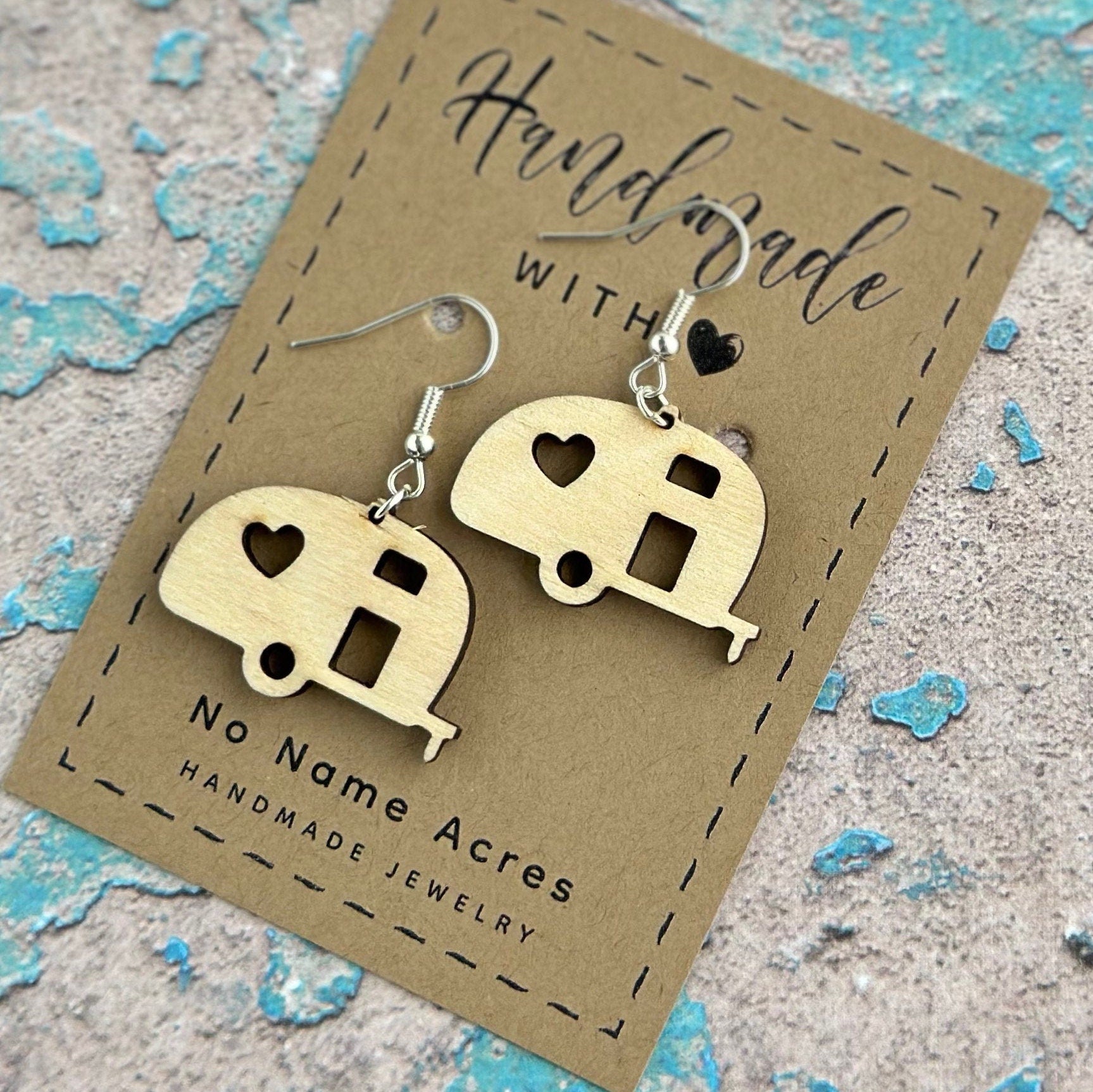 Birchwood Teardrop Camper Earrings - Heart RV Travel, Glamping Gift