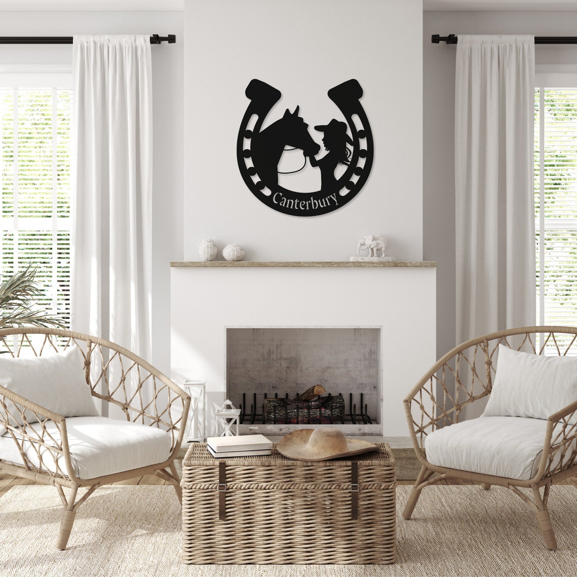 Custom Equestrian Metal Wall Art - Girl and Horse Horseshoe Decor