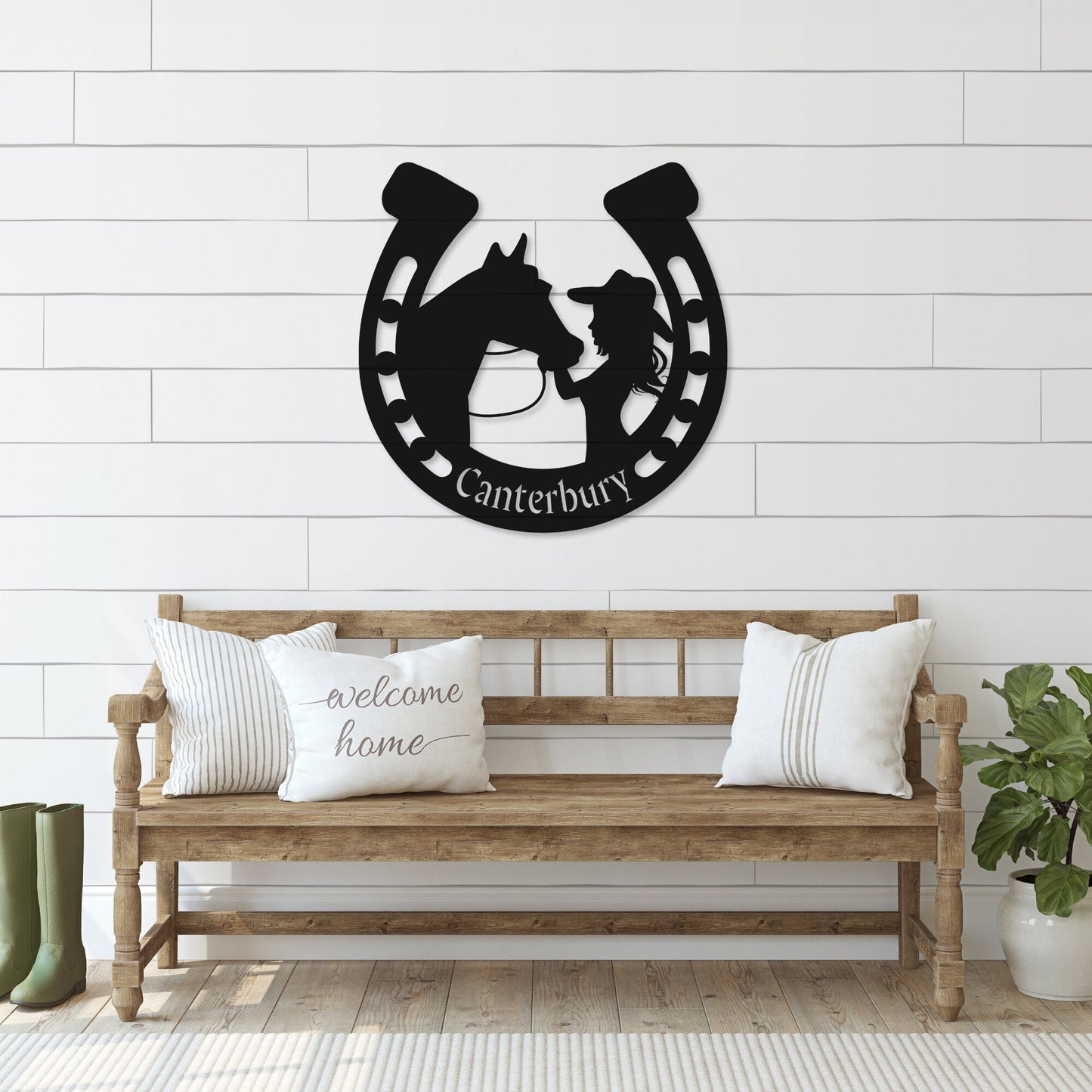 Custom Equestrian Metal Wall Art - Girl and Horse Horseshoe Decor