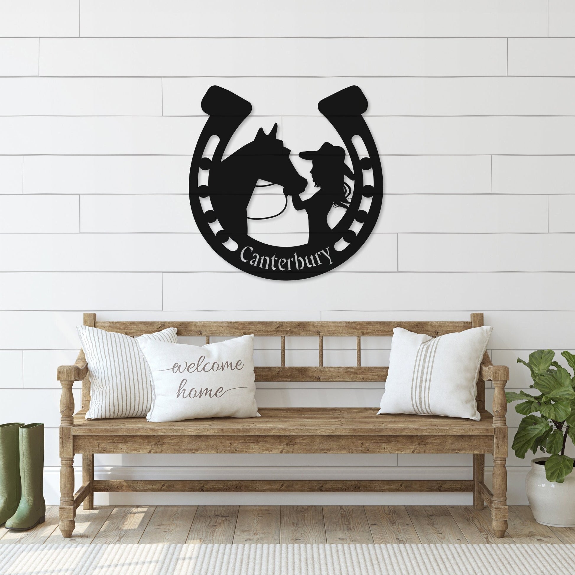 Custom Equestrian Metal Wall Art - Girl and Horse Horseshoe Decor