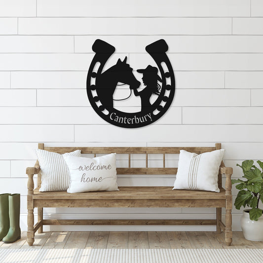 Custom Equestrian Metal Wall Art - Girl and Horse Horseshoe Decor