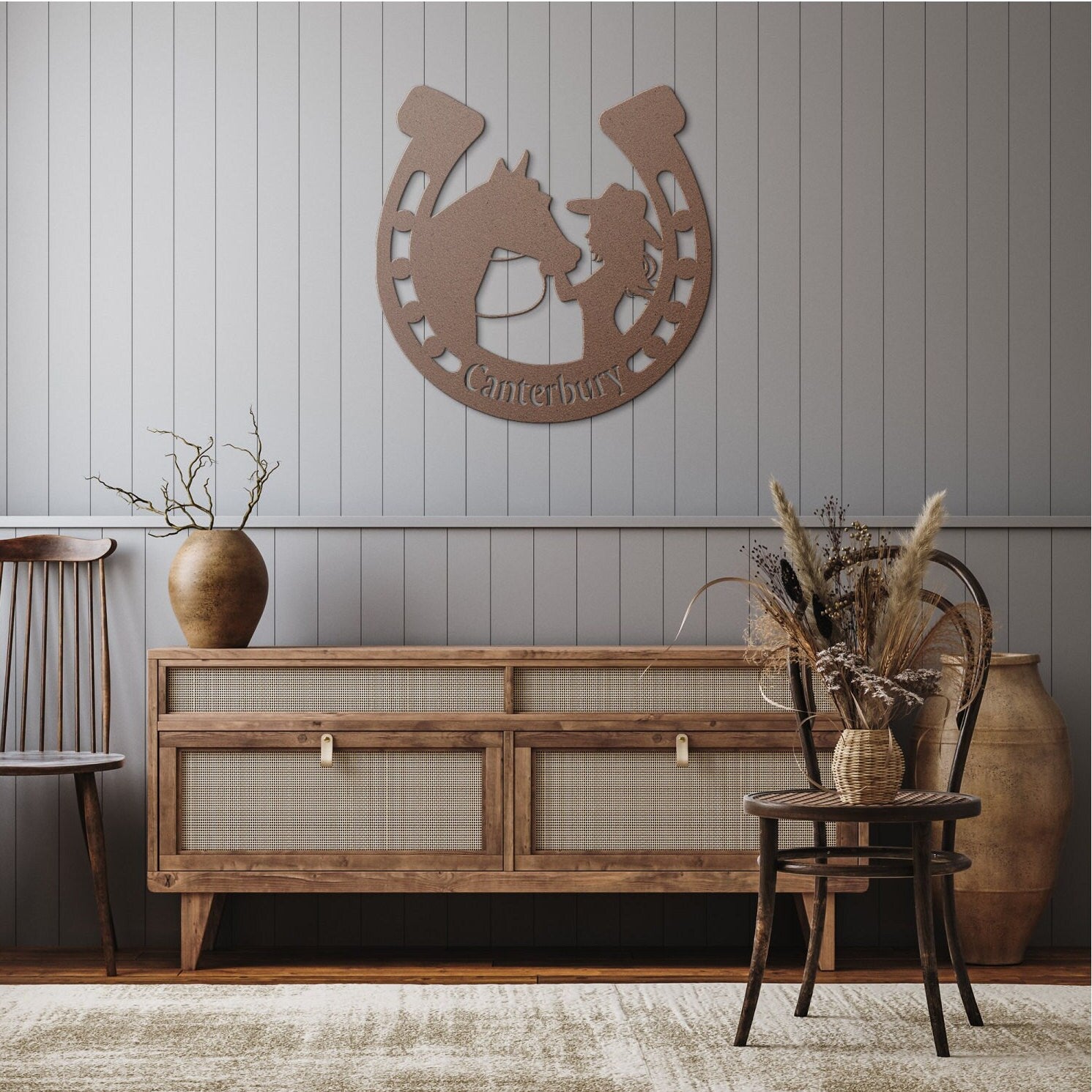 Custom Equestrian Metal Wall Art - Girl and Horse Horseshoe Decor