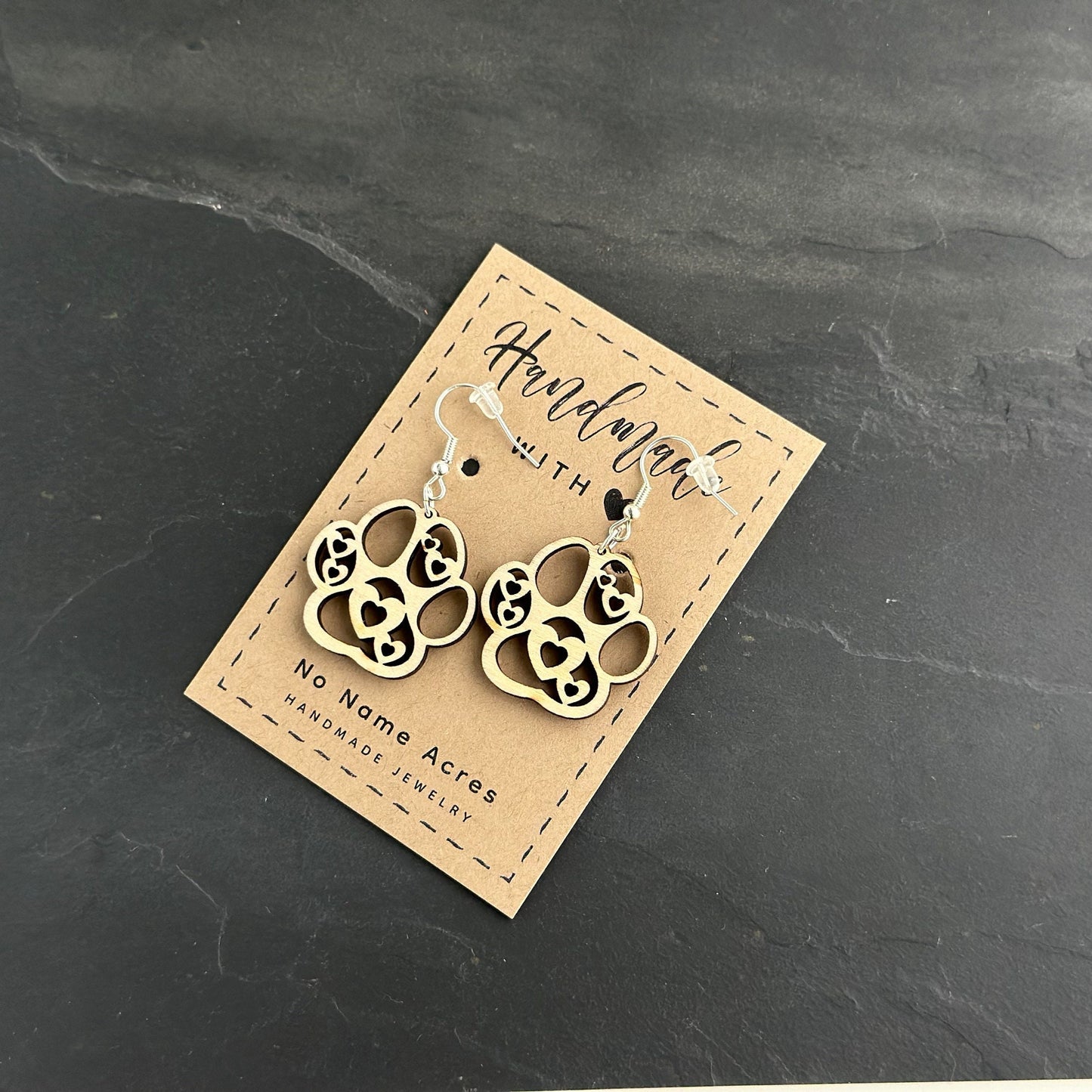 Heart Paw Print Dangle Earrings, Birchwood Pet Lover Gift