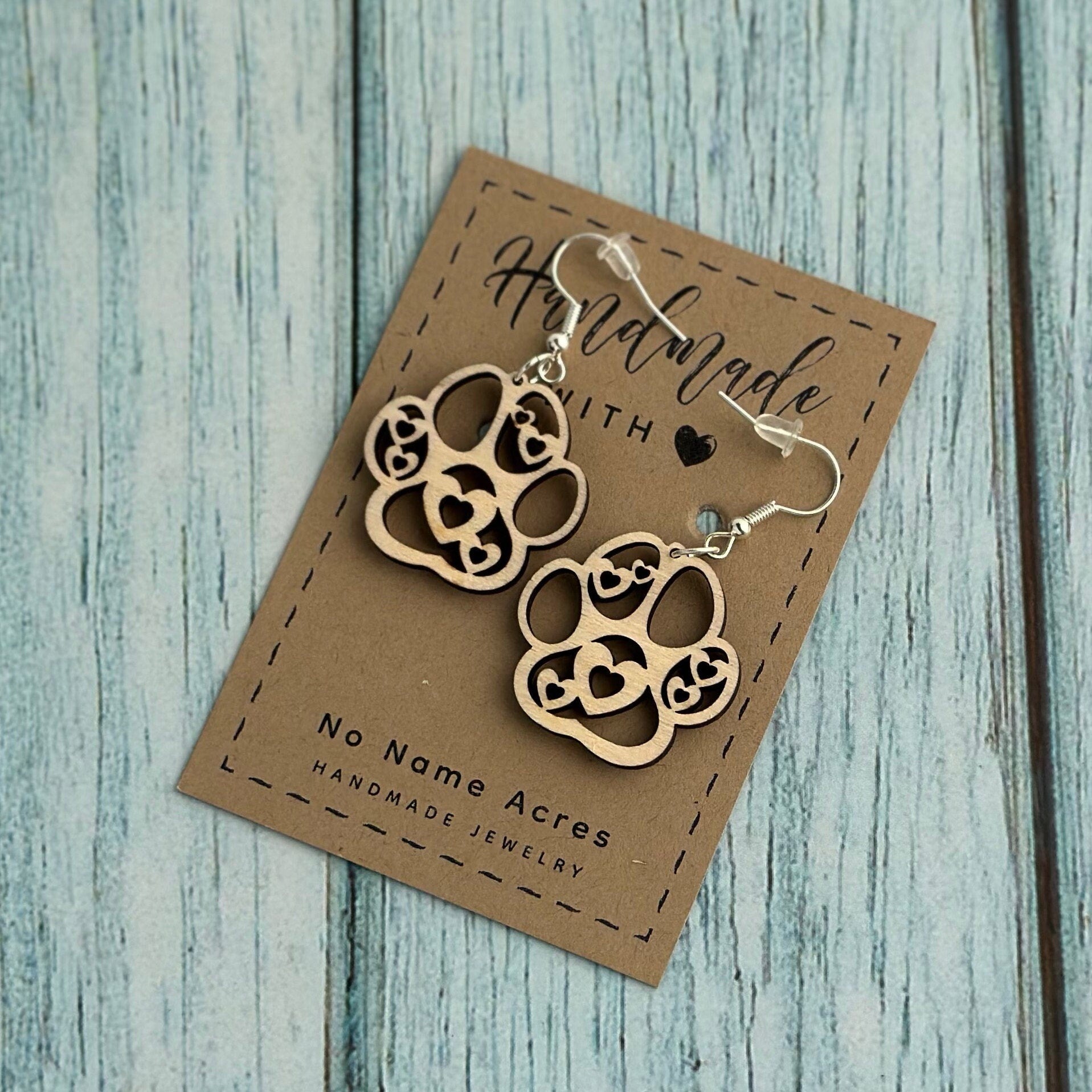 Heart Paw Print Dangle Earrings, Birchwood Pet Lover Gift