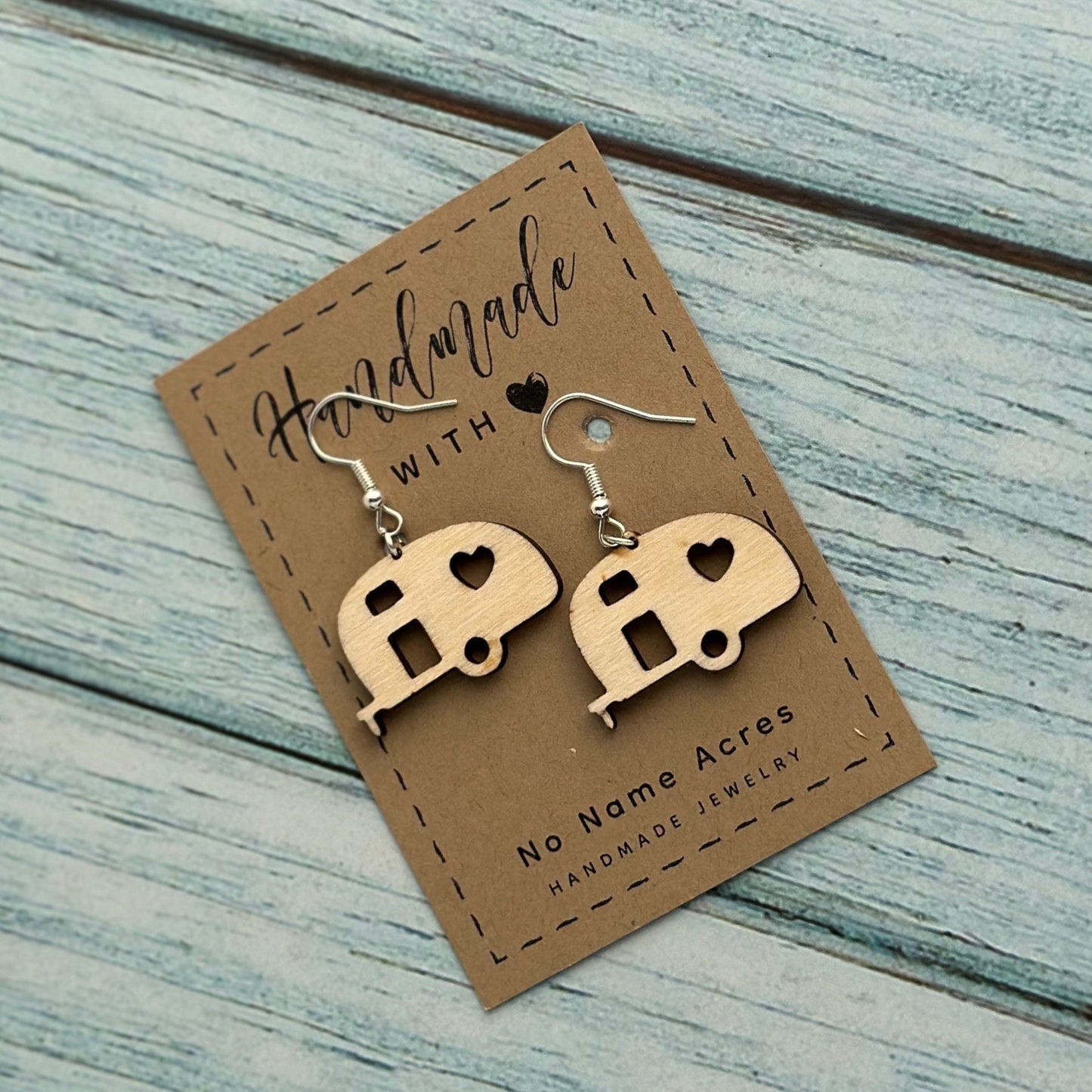 Birchwood Teardrop Camper Earrings - Heart RV Travel, Glamping Gift