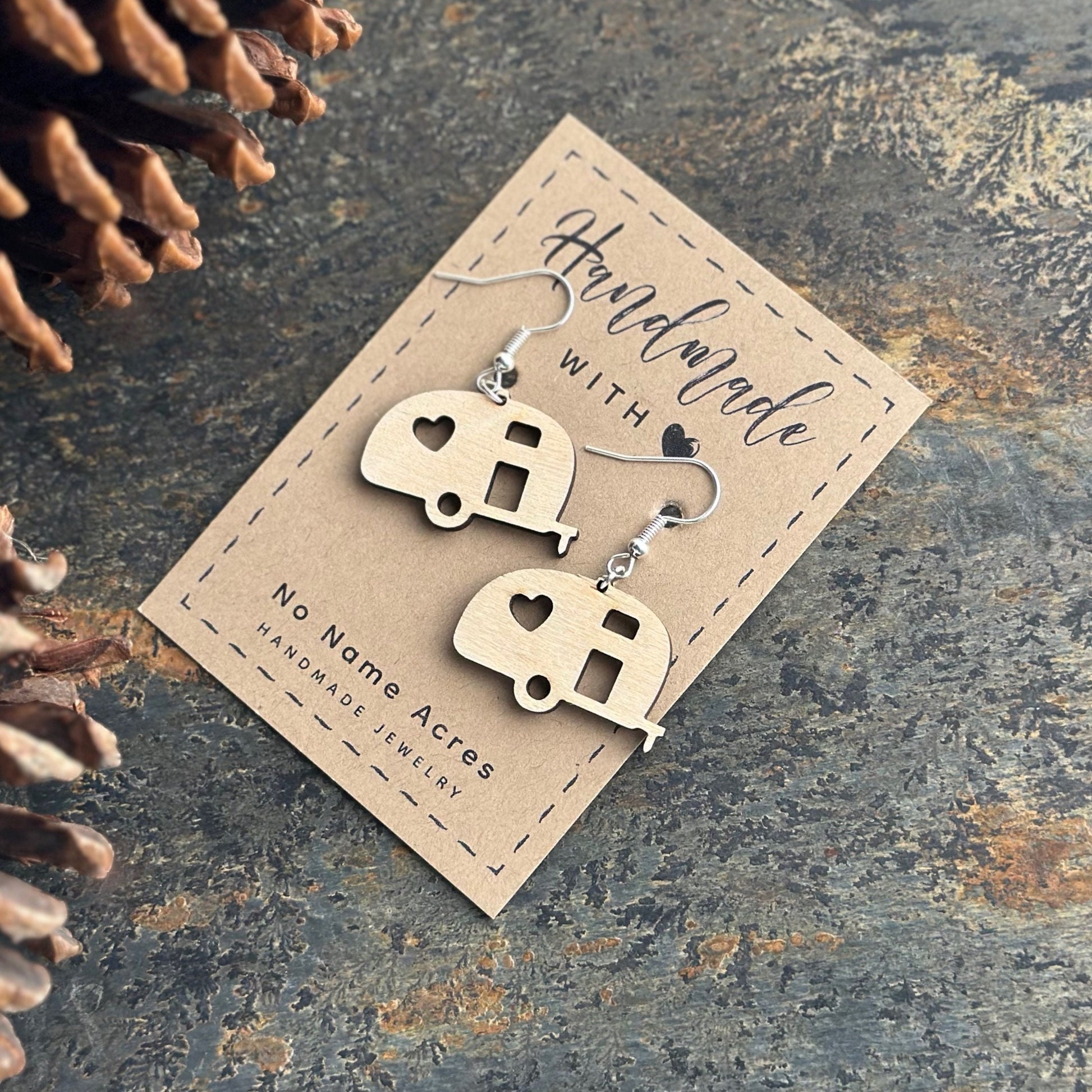 Birchwood Teardrop Camper Earrings - Heart RV Travel, Glamping Gift