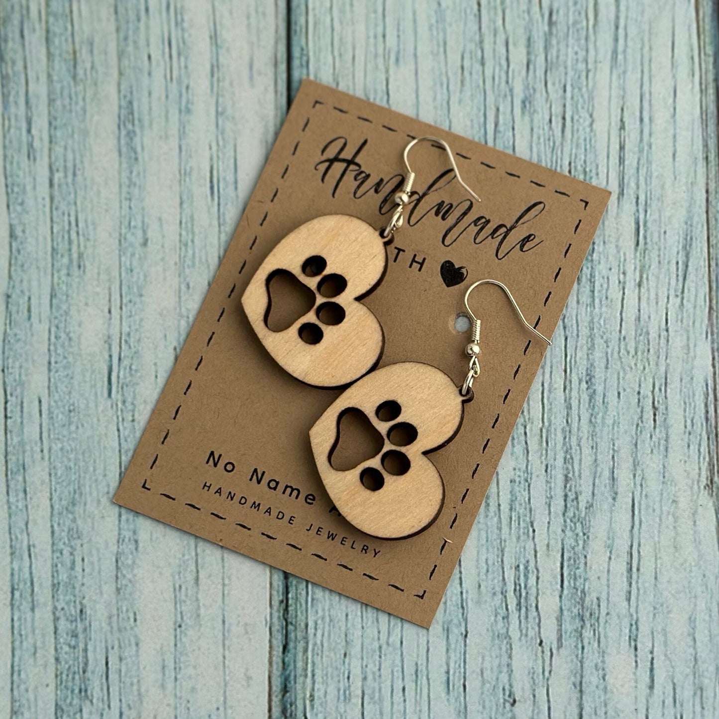 Birchwood Heart Paw Print Dangle Earrings, Pet Lover Gift