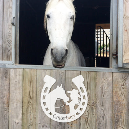 Custom Equestrian Metal Wall Art - Girl and Horse Horseshoe Decor