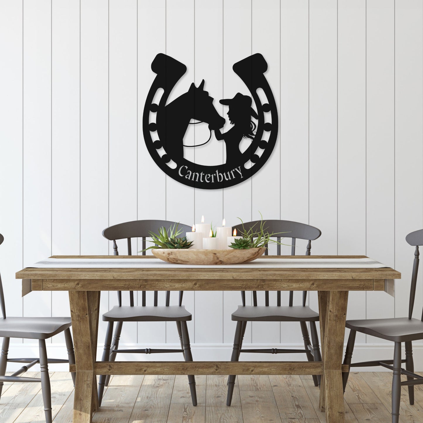Custom Equestrian Metal Wall Art - Girl and Horse Horseshoe Decor