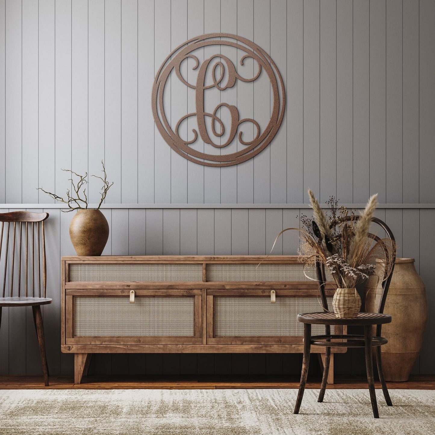 Stunning decorative monogram metal wall art with a hand drawn circle this stunning large metal letter wall art. This unique wall art is handcrafted from high-quality 18 gauge steel and powder coated in your choice of 5 colors in a range of sizes
