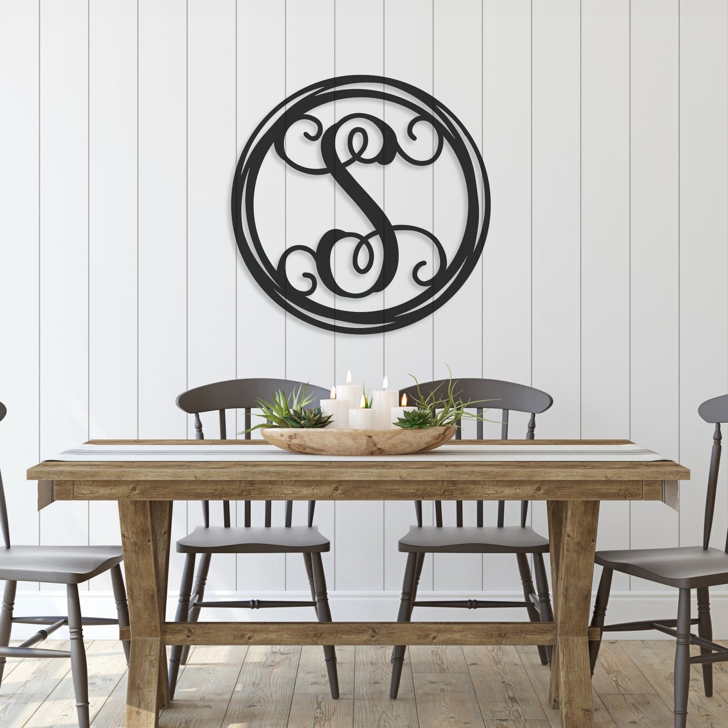 Stunning decorative monogram metal wall art with a hand drawn circle this stunning large metal letter wall art. This unique wall art is handcrafted from high-quality 18 gauge steel and powder coated in your choice of 5 colors in a range of sizes