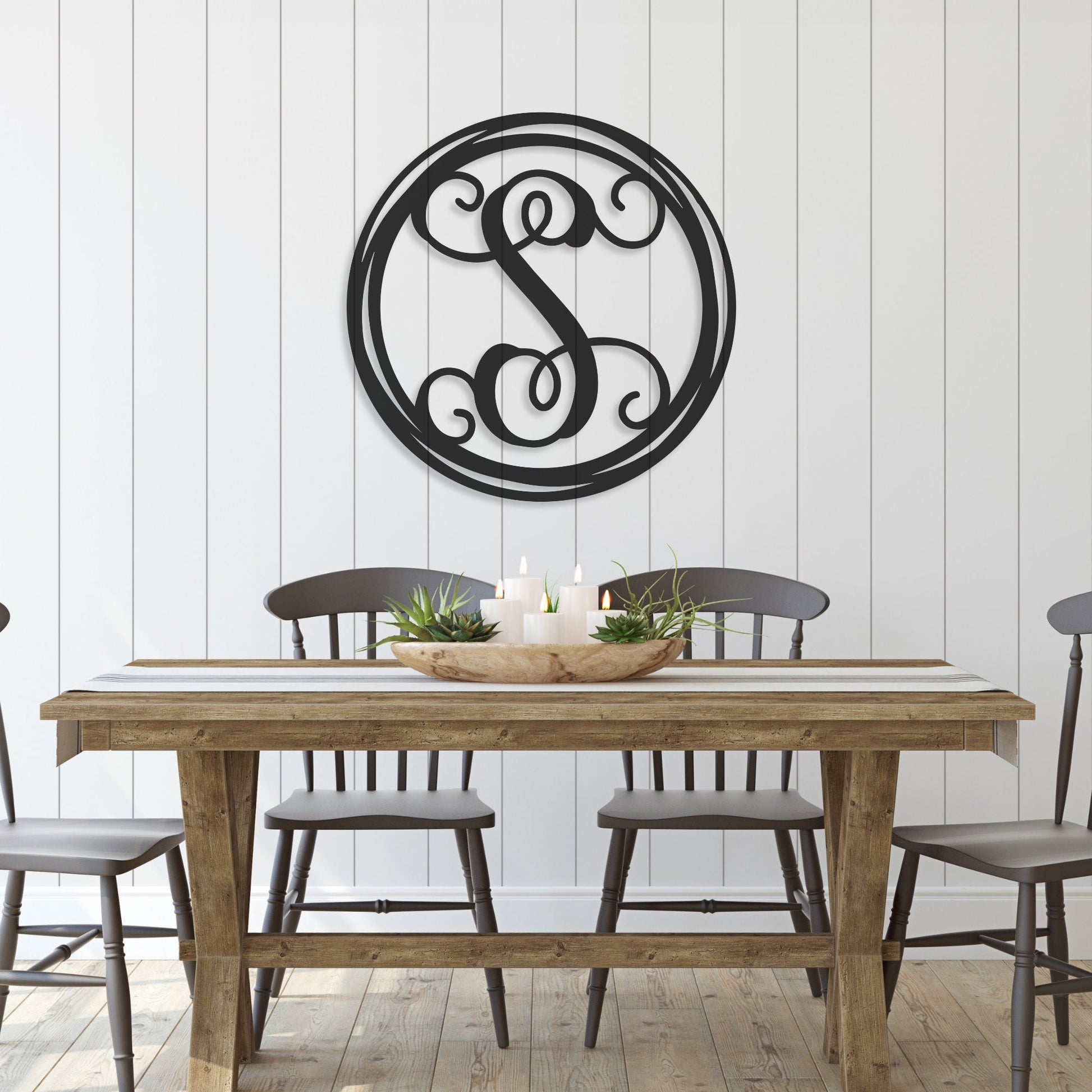 Stunning decorative monogram metal wall art with a hand drawn circle this stunning large metal letter wall art. This unique wall art is handcrafted from high-quality 18 gauge steel and powder coated in your choice of 5 colors in a range of sizes