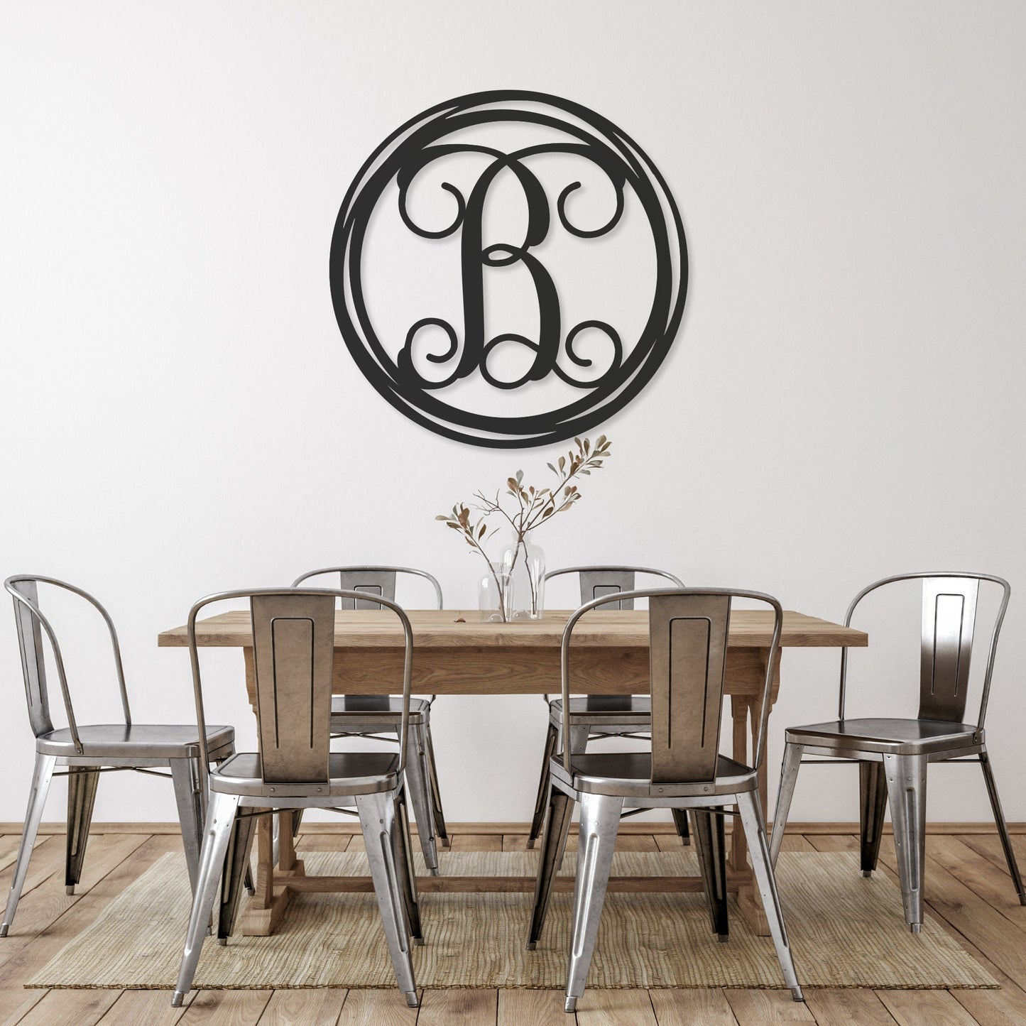 Stunning decorative monogram metal wall art with a hand drawn circle this stunning large metal letter wall art. This unique wall art is handcrafted from high-quality 18 gauge steel and powder coated in your choice of 5 colors in a range of sizes