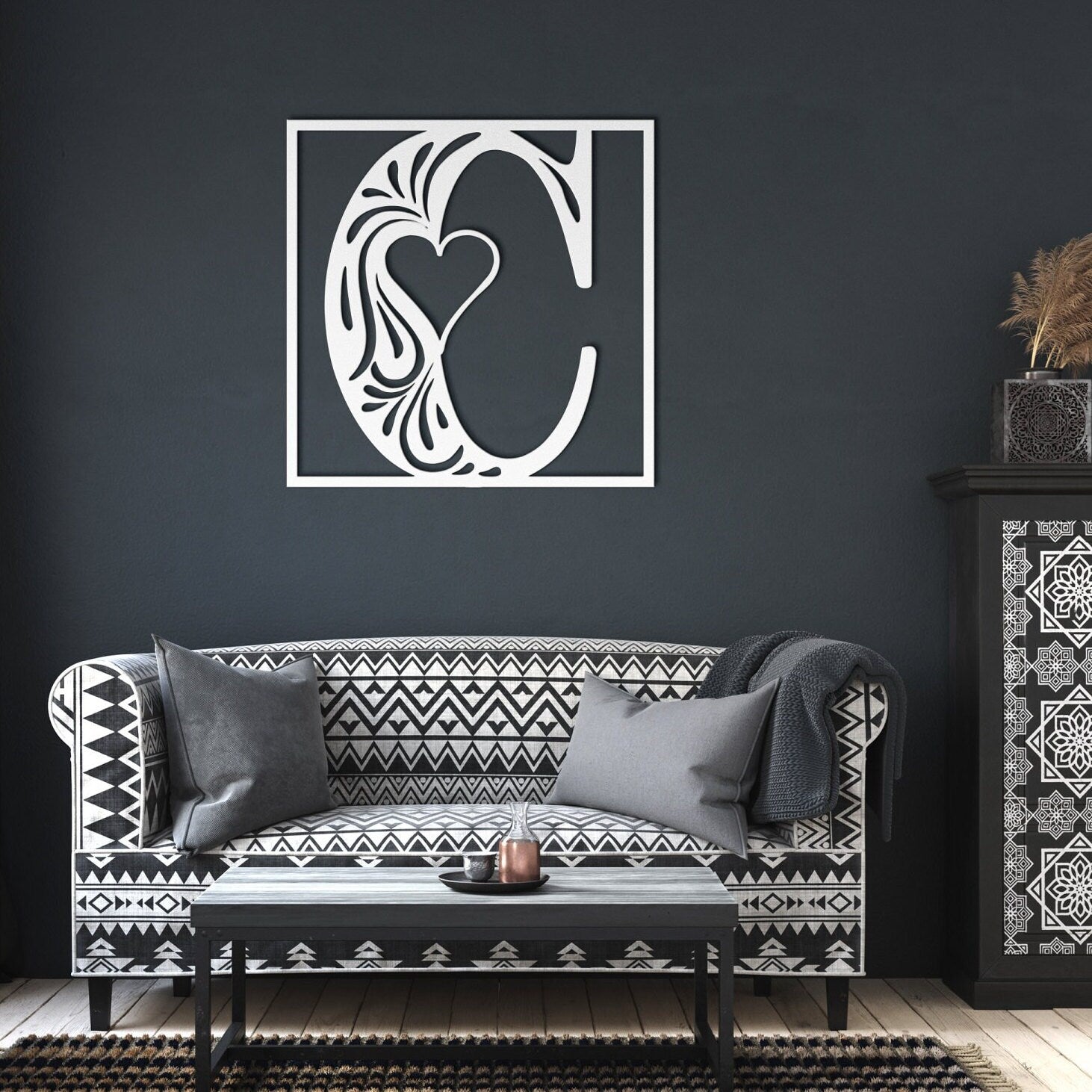 Stunning decorative square monogram metal wall art with a heart this stunning large metal letter wall art. This unique wall art is handcrafted from high-quality 18 gauge steel and powder coated in your choice of 5 colors in a range of sizes