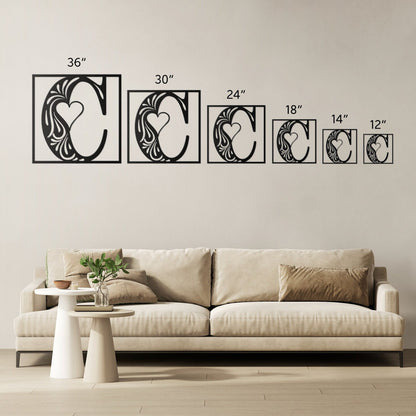 Stunning decorative square monogram metal wall art with a heart this stunning large metal letter wall art. This unique wall art is handcrafted from high-quality 18 gauge steel and powder coated in your choice of 5 colors in a range of sizes