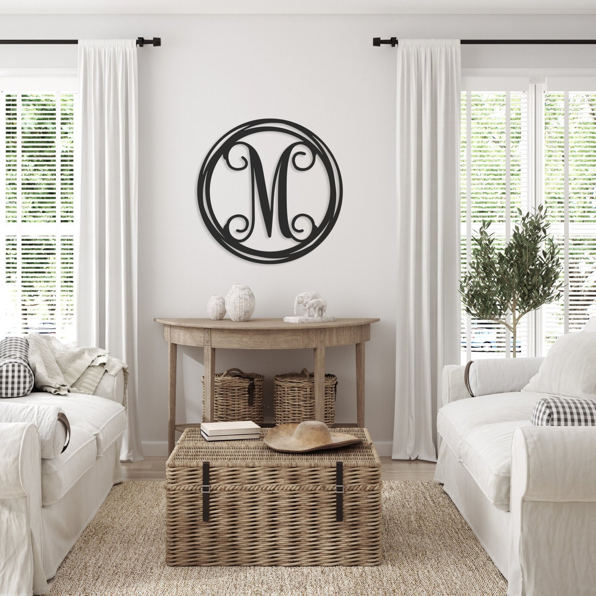 Monogram Metal Wall Art, Hand Drawn Circle, Indoor Outdoor Decor