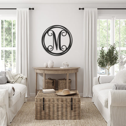 Monogram Metal Wall Art, Hand Drawn Circle, Indoor Outdoor Decor