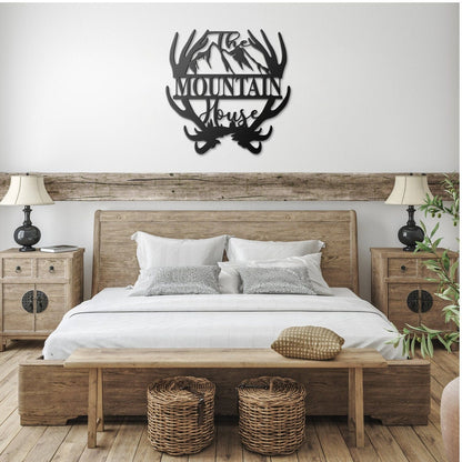 Custom Name Antler with Mountains Metal Wall Art, Family Metal Wall Hanging, Artwork for Home or Cabin, Large Indoor or Outdoor Wall Art, available in various colors and sizes