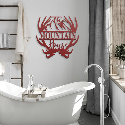Custom Name Antler with Mountains Metal Wall Art, Family Metal Wall Hanging, Artwork for Home or Cabin, Large Indoor or Outdoor Wall Art, available in various colors and sizes