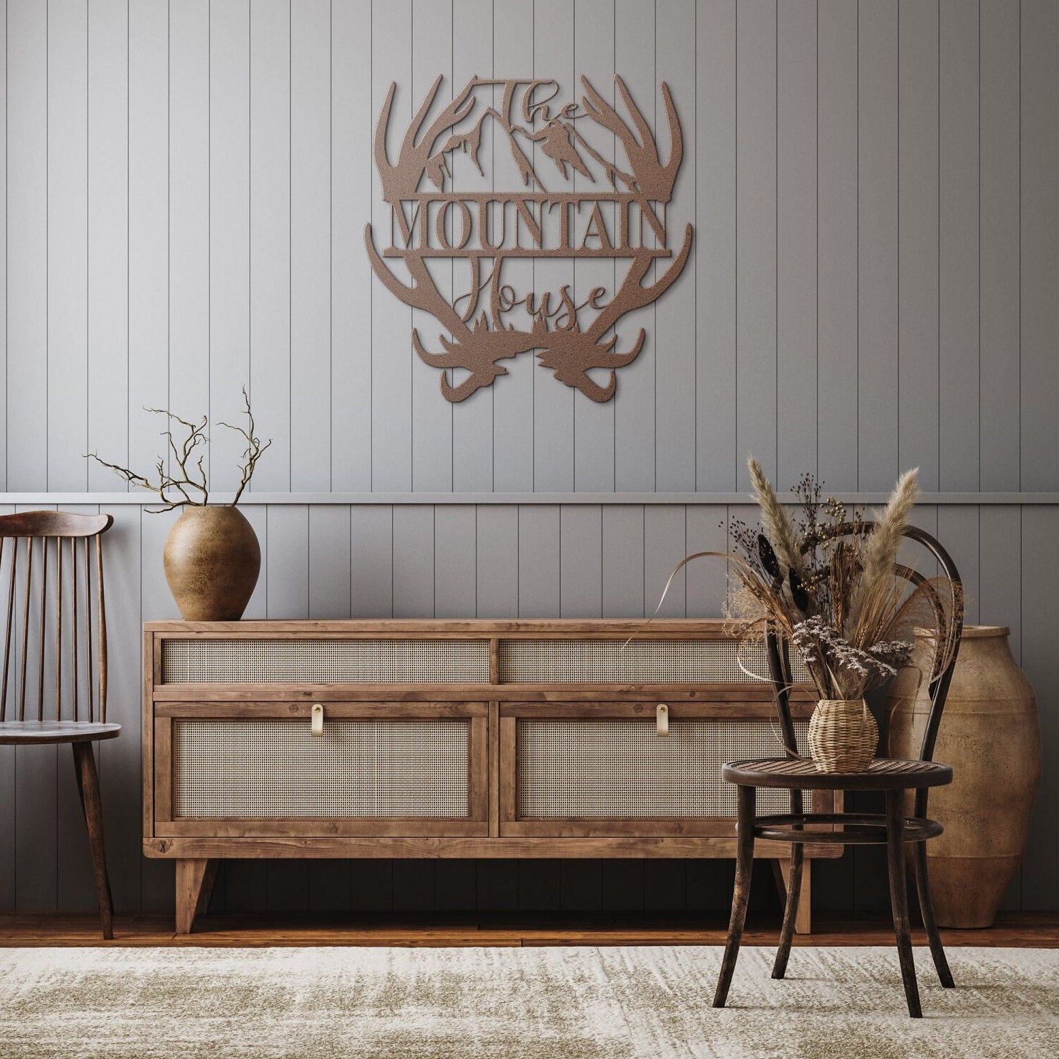 Custom Name Antler with Mountains Metal Wall Art, Family Metal Wall Hanging, Artwork for Home or Cabin, Large Indoor or Outdoor Wall Art, available in various colors and sizes