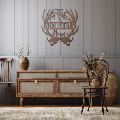 Custom Name Antler with Mountains Metal Wall Art, Family Metal Wall Hanging, Artwork for Home or Cabin, Large Indoor or Outdoor Wall Art, available in various colors and sizes