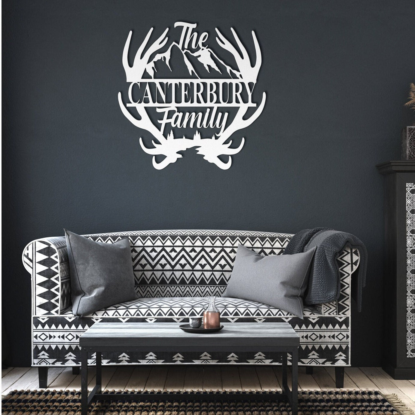 Custom Name Antler with Mountains Metal Wall Art, Family Metal Wall Hanging, Artwork for Home or Cabin, Large Indoor or Outdoor Wall Art