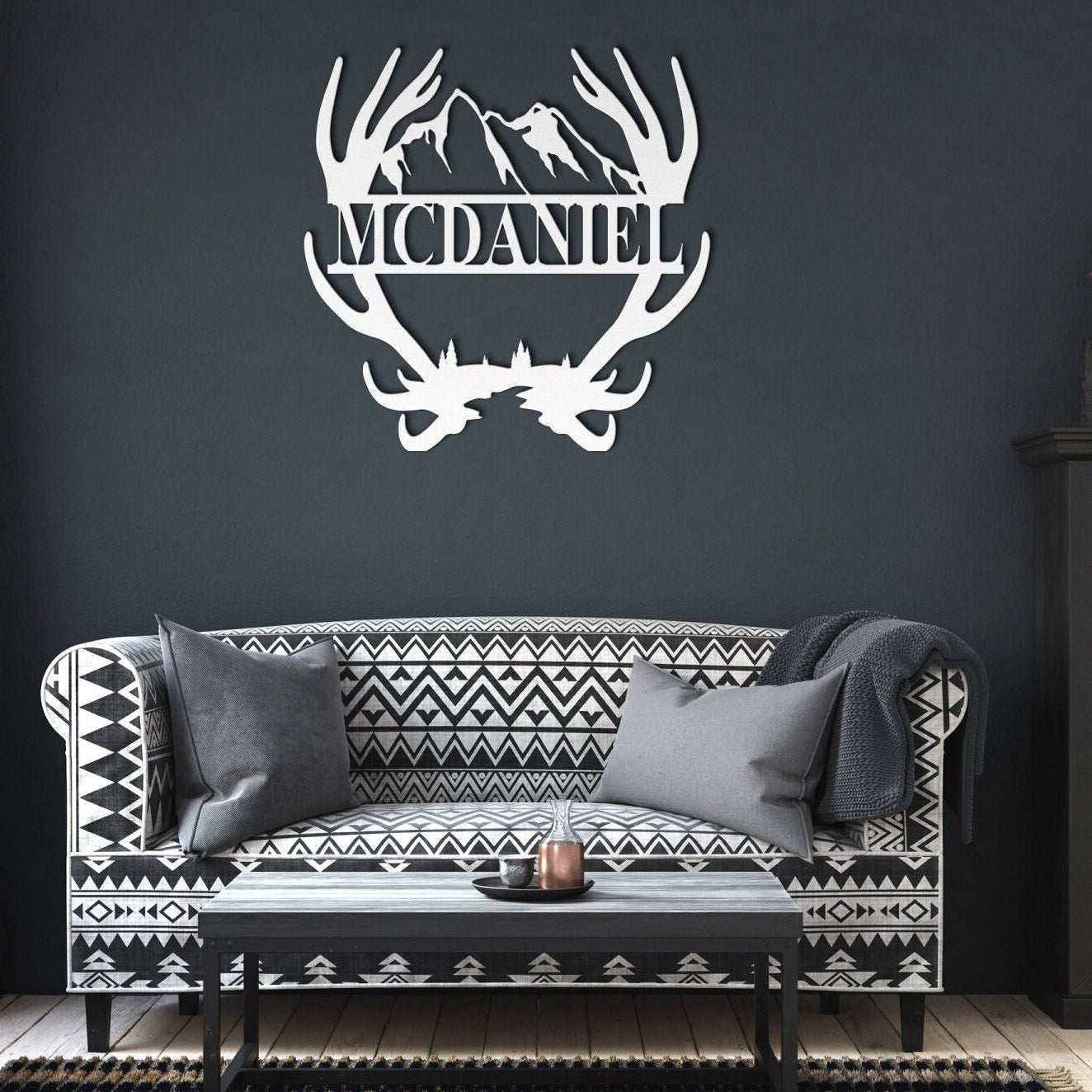 Custom Name Antler with Mountains Metal Wall Art, Family Metal Wall Hanging, Artwork for Home or Cabin, Large Indoor or Outdoor Wall Art