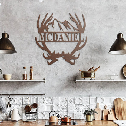 Custom Name Antler with Mountains Metal Wall Art, Family Metal Wall Hanging, Artwork for Home or Cabin, Large Indoor or Outdoor Wall Art