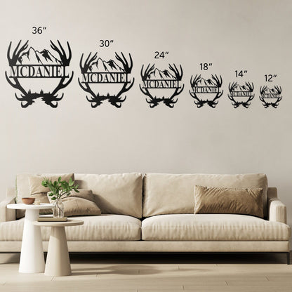 Custom Name Antler with Mountains Metal Wall Art, Family Metal Wall Hanging, Artwork for Home or Cabin, Large Indoor or Outdoor Wall Art