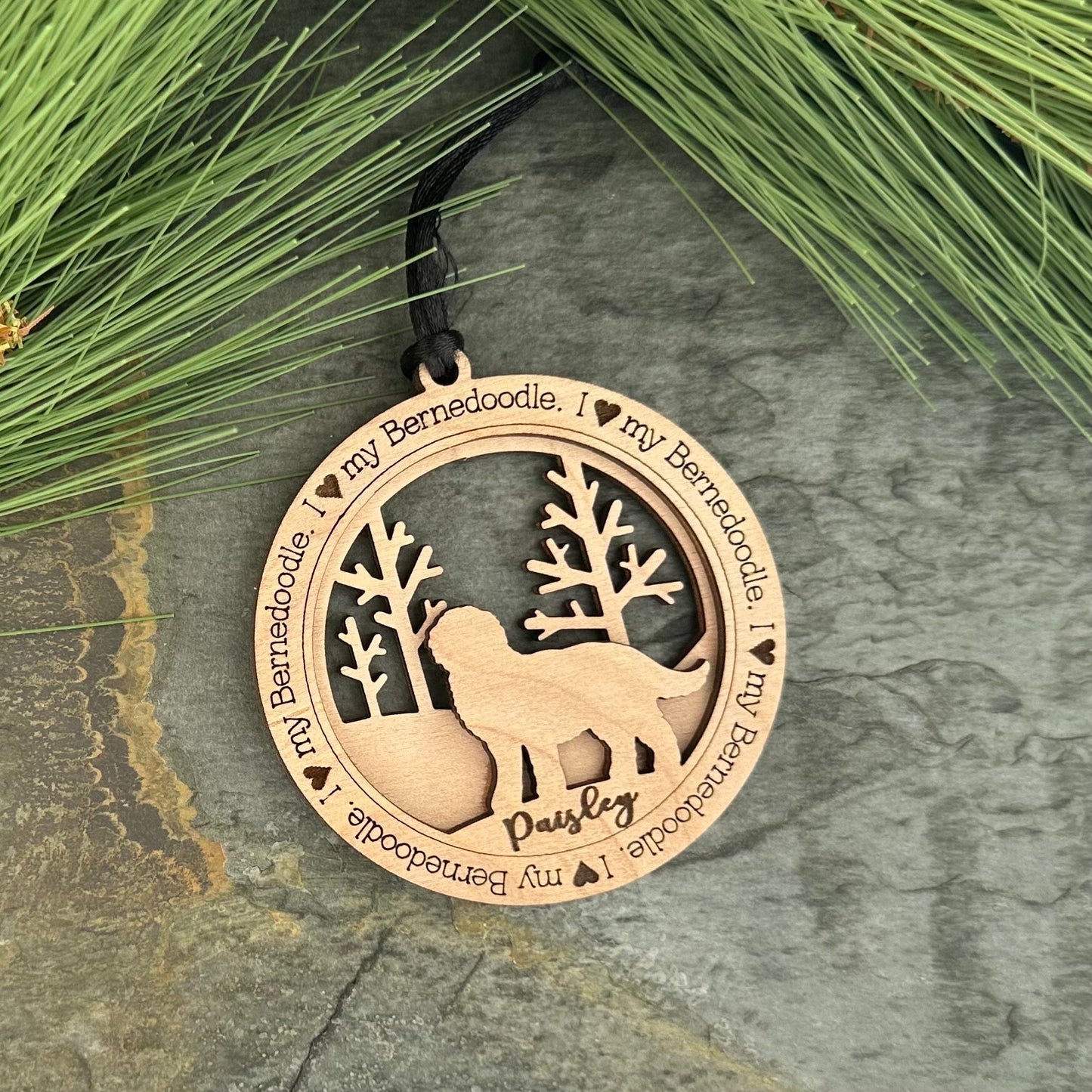 Personalized Bernedoodle Ornament, Laser Cut Birchwood Pet Memorial