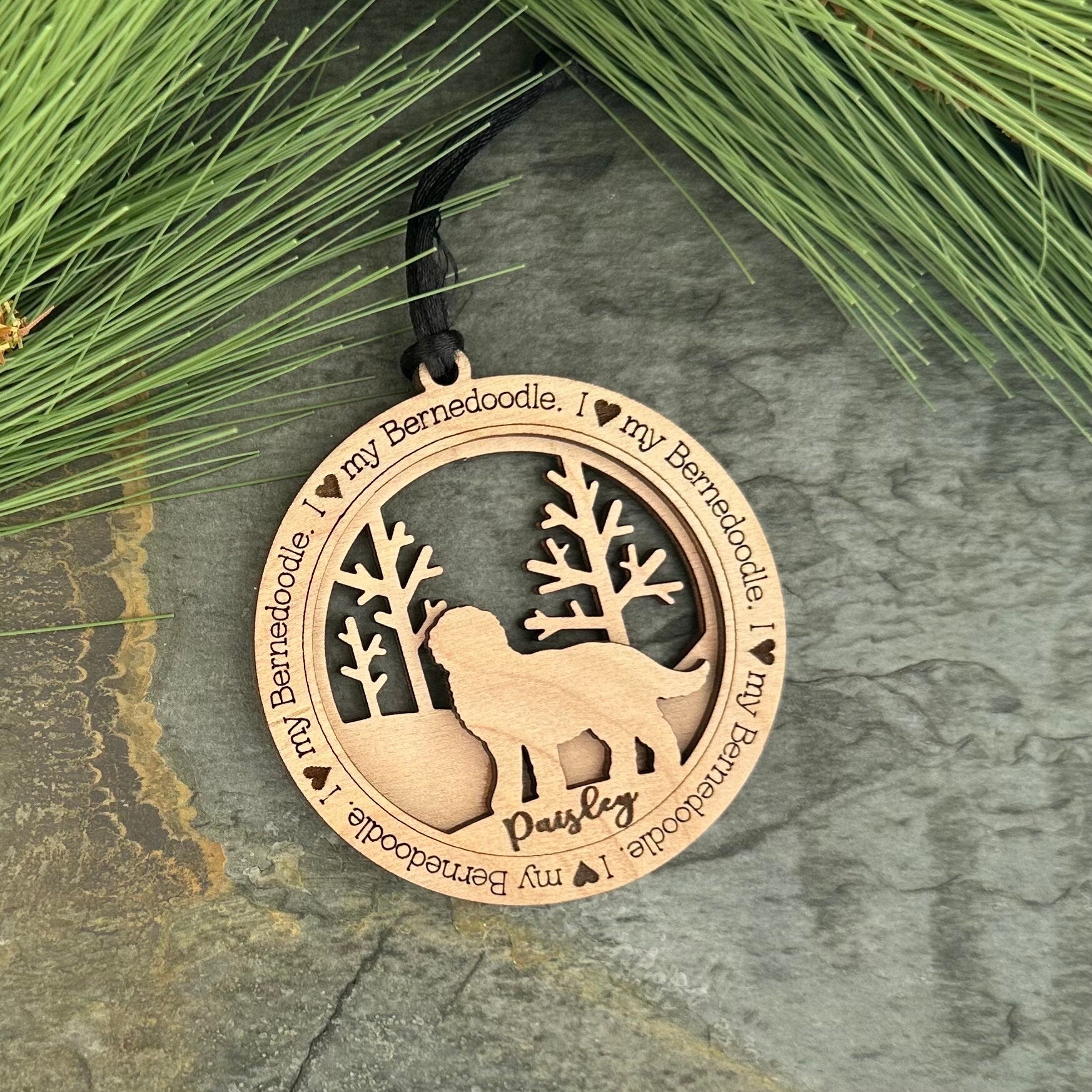 Personalized Bernedoodle Ornament, Laser Cut Birchwood Pet Memorial