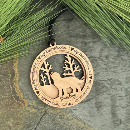 Personalized Bernedoodle Ornament, Laser Cut Birchwood Pet Memorial