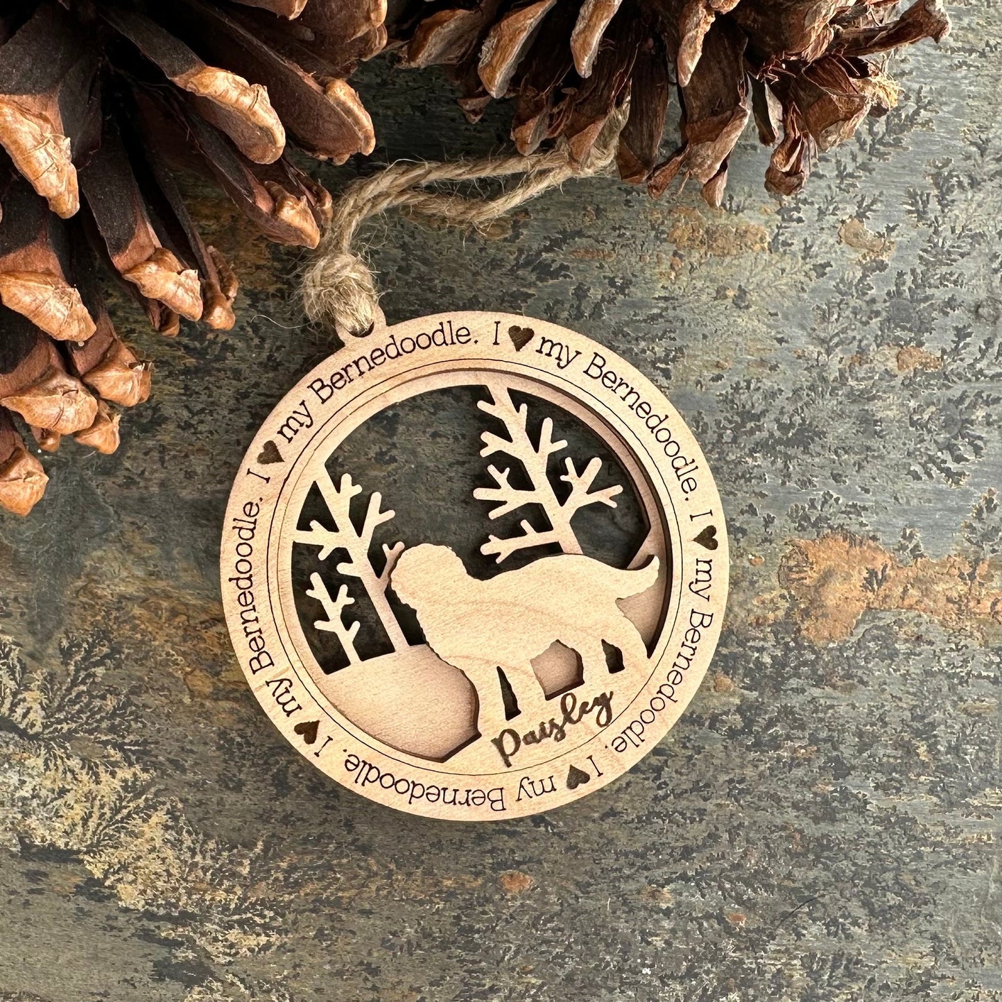 Personalized Bernedoodle Ornament, Laser Cut Birchwood Pet Memorial
